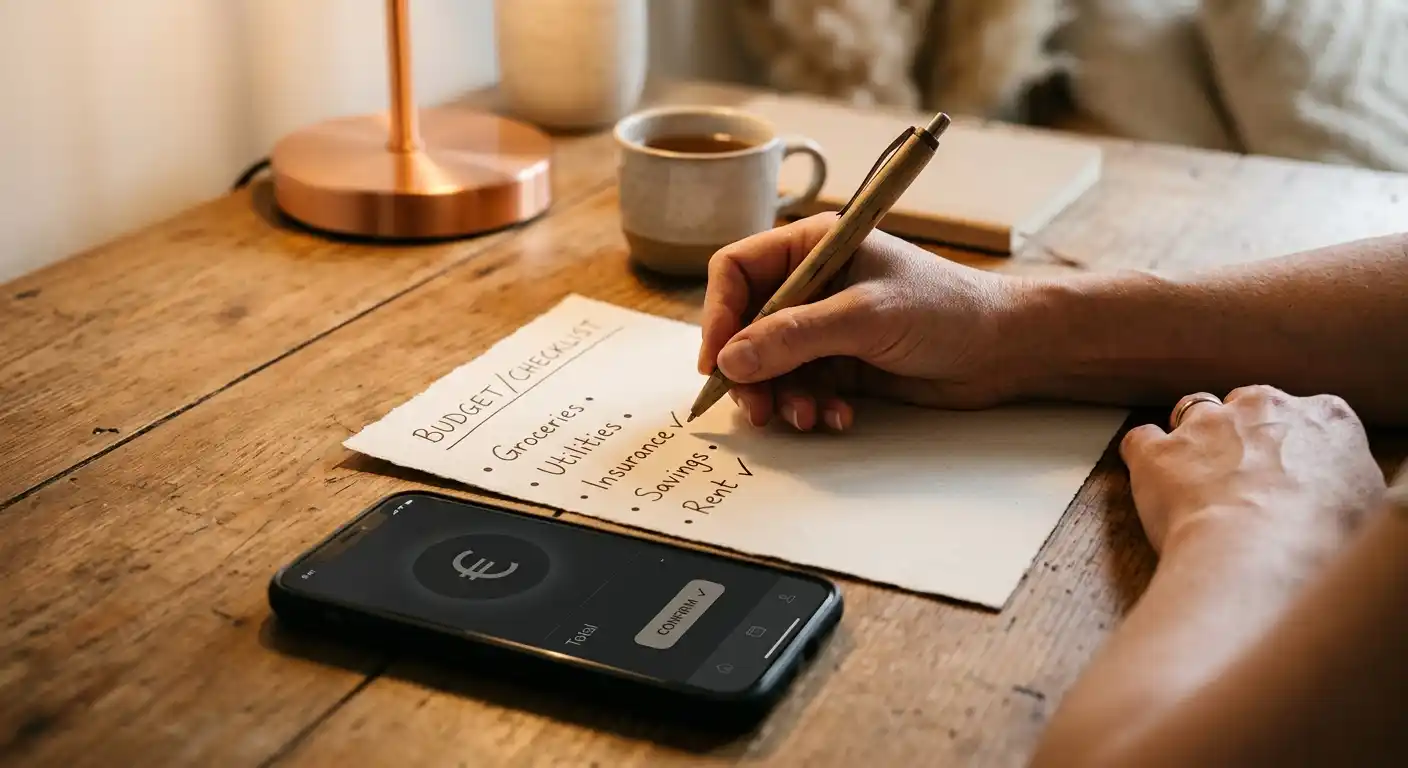 Handschriftliche Checkliste neben neutralem Smartphone mit Zahlungsübersicht