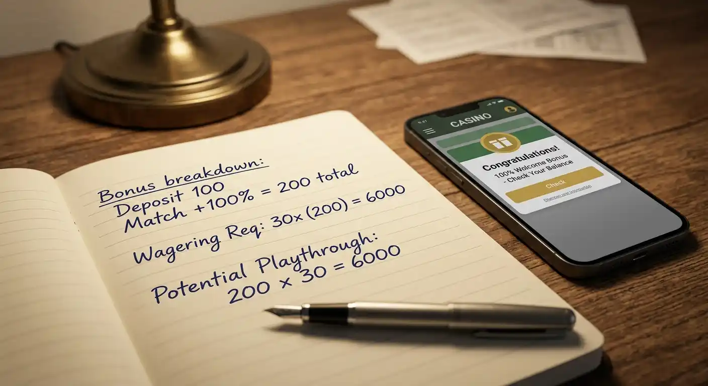 Notizbuch mit handschriftlicher Bonusrechnung neben einem Smartphone, das einen Casino-Bonusbildschirm zeigt