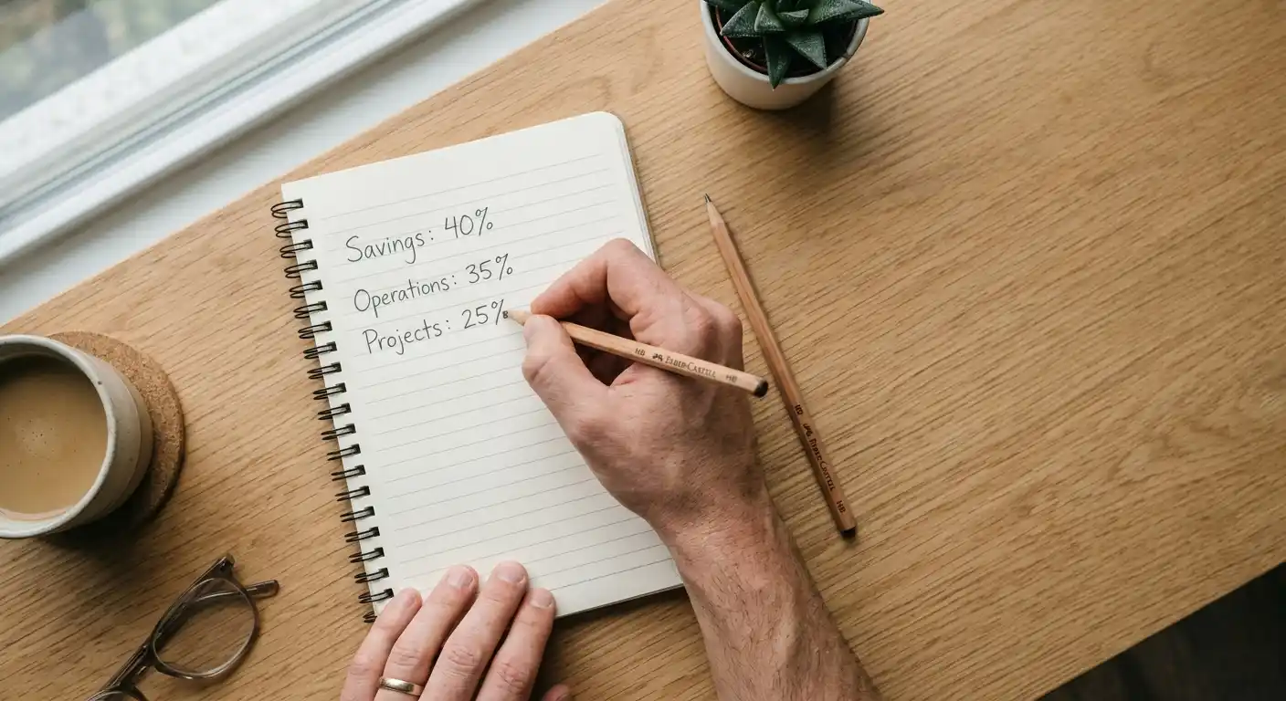 Bürotisch mit Smartphone und aufgeschlagenem Notizbuch, darauf eine handschriftliche Bonusstaffelrechnung