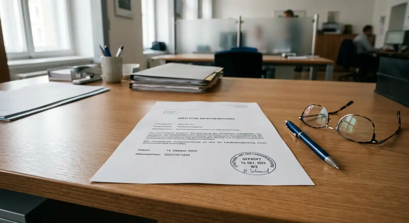 Österreichische Amtsstube mit neutralem Lizenzdokument, kein Wappen, kein Logo, ruhige Büroatmosphäre