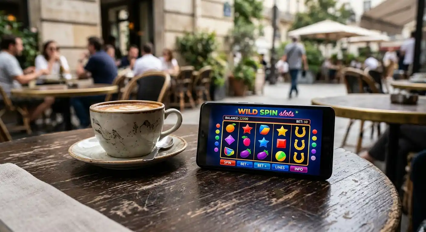 Smartphone-Display mit Spielautomat-Spielfeld ohne erkennbares Logo, freundliche Tageslichtszene