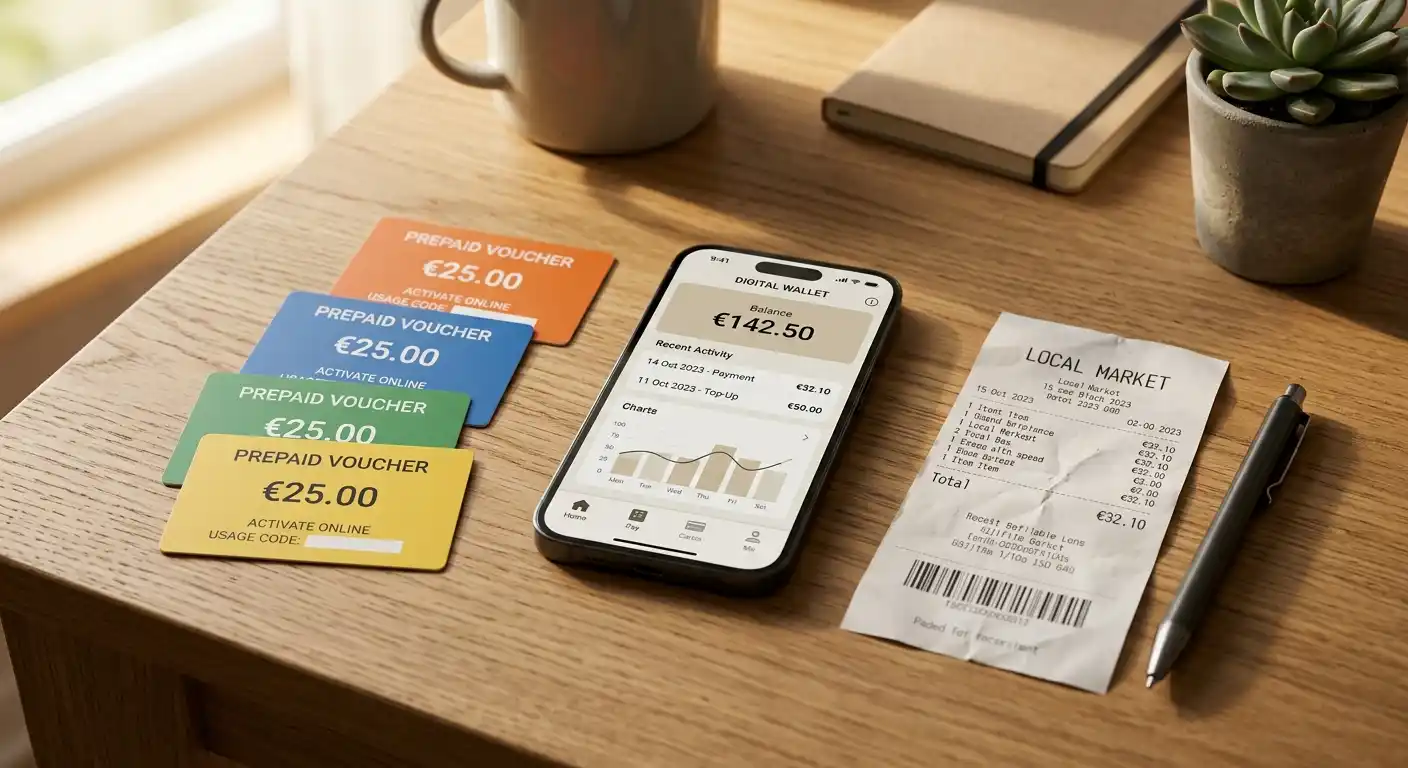 Nahaufnahme mehrerer Prepaid-Voucher und einer E-Wallet-App auf einem Smartphone, kein Bargeld sichtbar