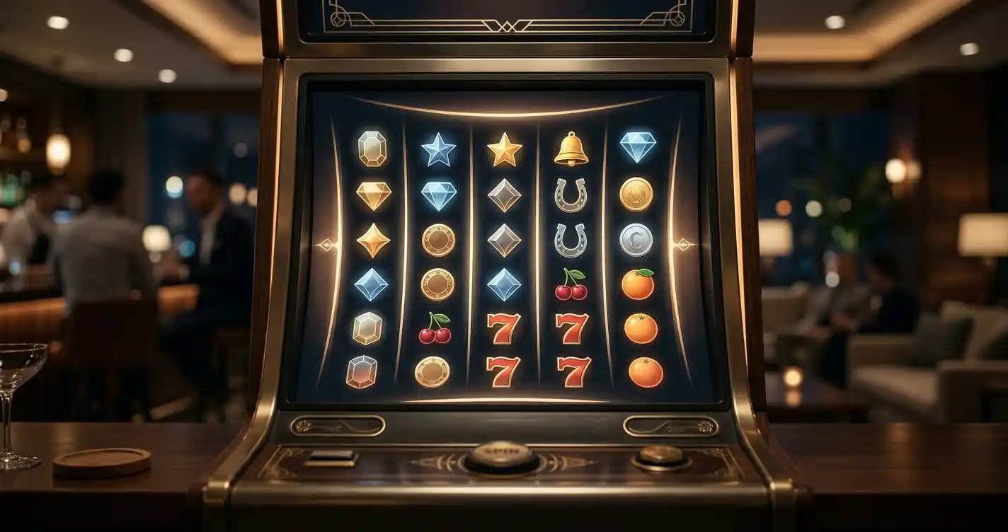 Spielautomat in ruhiger Abendbeleuchtung mit 60 beleuchteten Symbolpositionen, kein Text, keine Logos