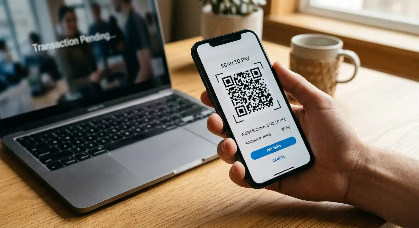 Hand hält Smartphone mit geöffneter Krypto-Wallet vor einem Laptop beim Einzahlen mit Cardano