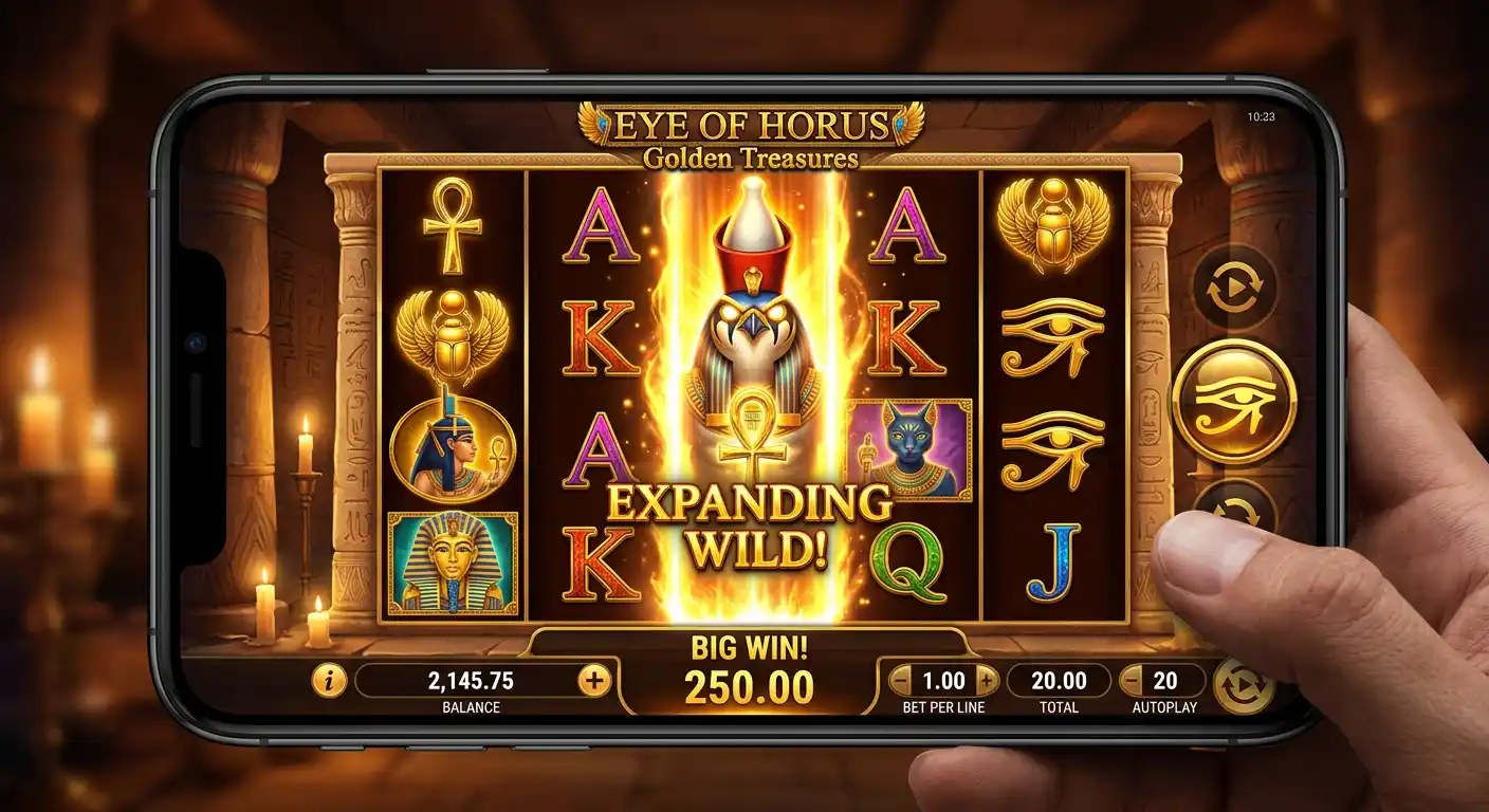 Ägyptischer Slot mit goldenen Symbolen und Expanding-Wild-Effekt auf Smartphone-Display