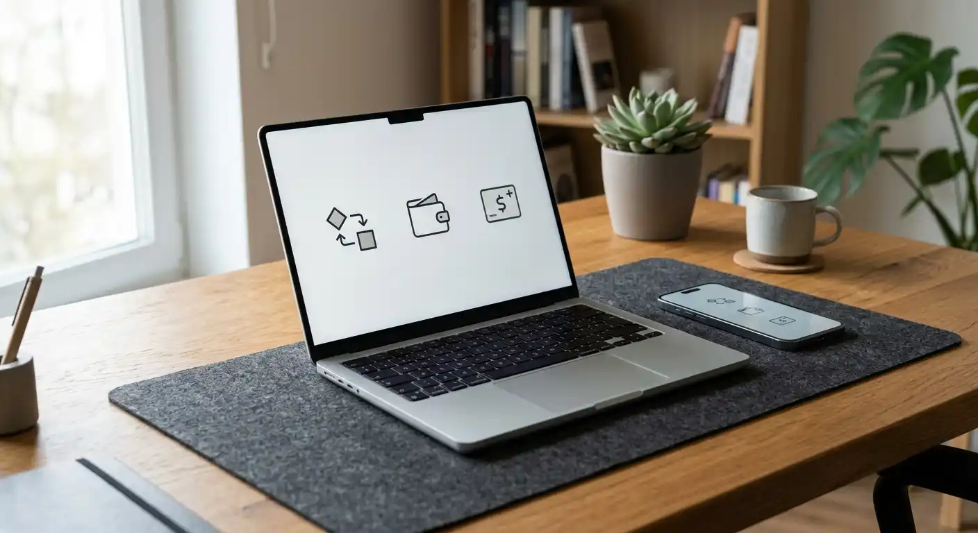 Laptop mit neutralen Symbolen für Banküberweisung, E-Wallet und Prepaid-Zahlung
