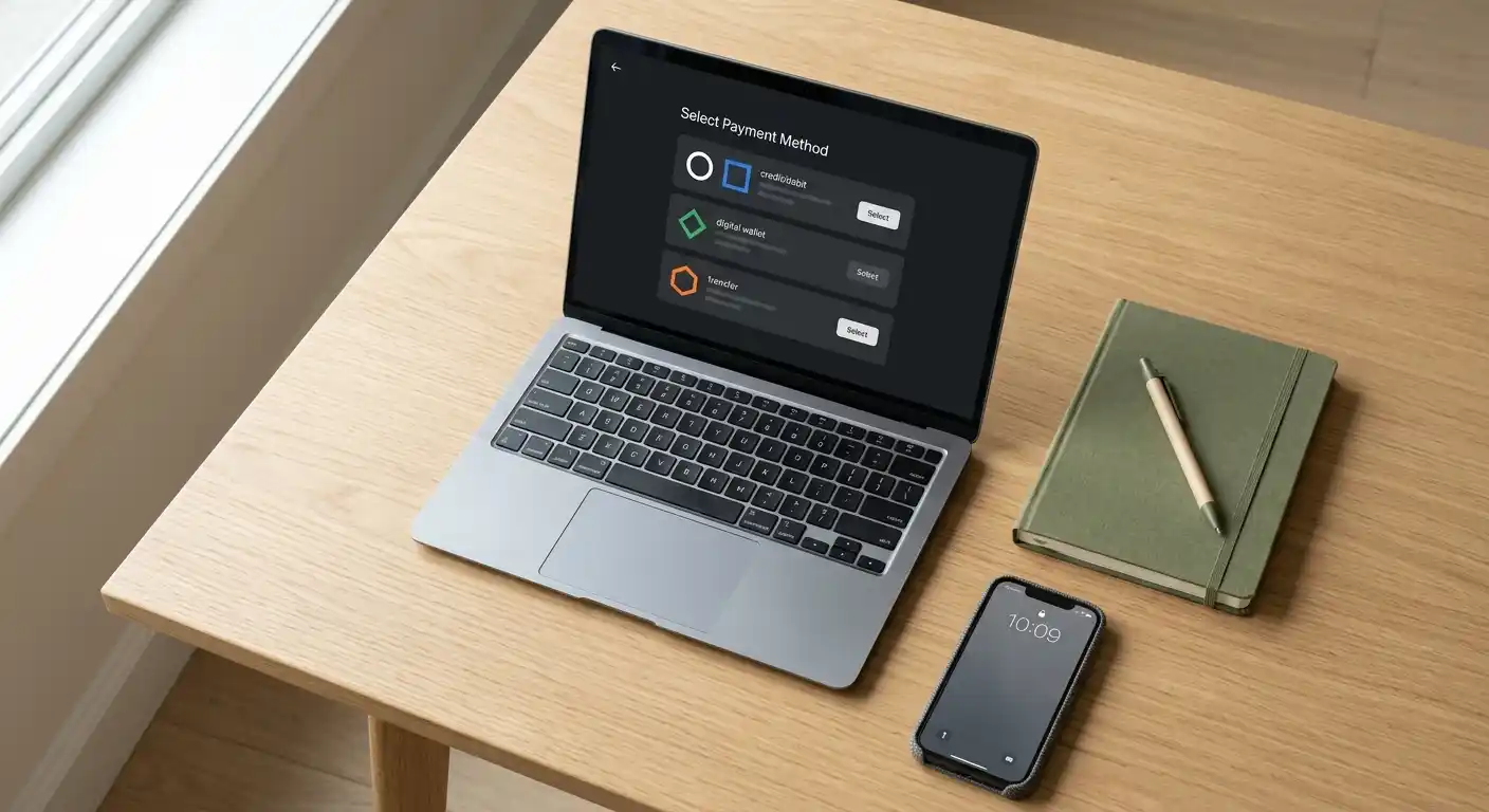 Neutrale Übersicht alternativer Zahlungswege auf Laptop und Smartphone
