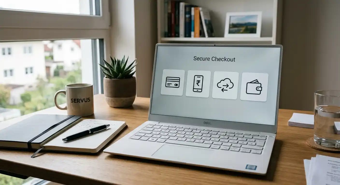 Vergleich mehrerer neutraler Zahlungswege auf einem Laptop ohne Markenlogos