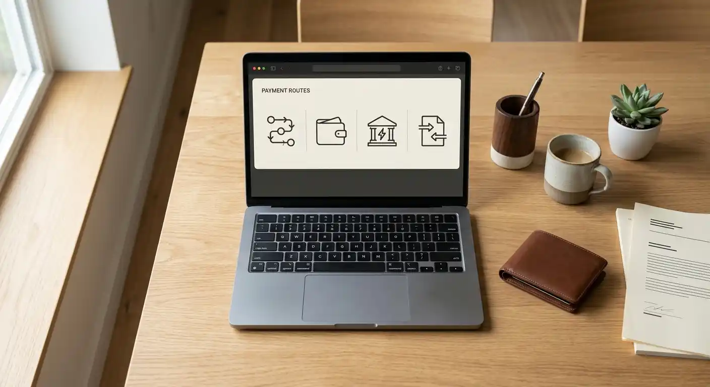 Drei neutrale Zahlungswege auf einem Laptop: Wallet, Bankzugang und Überweisung