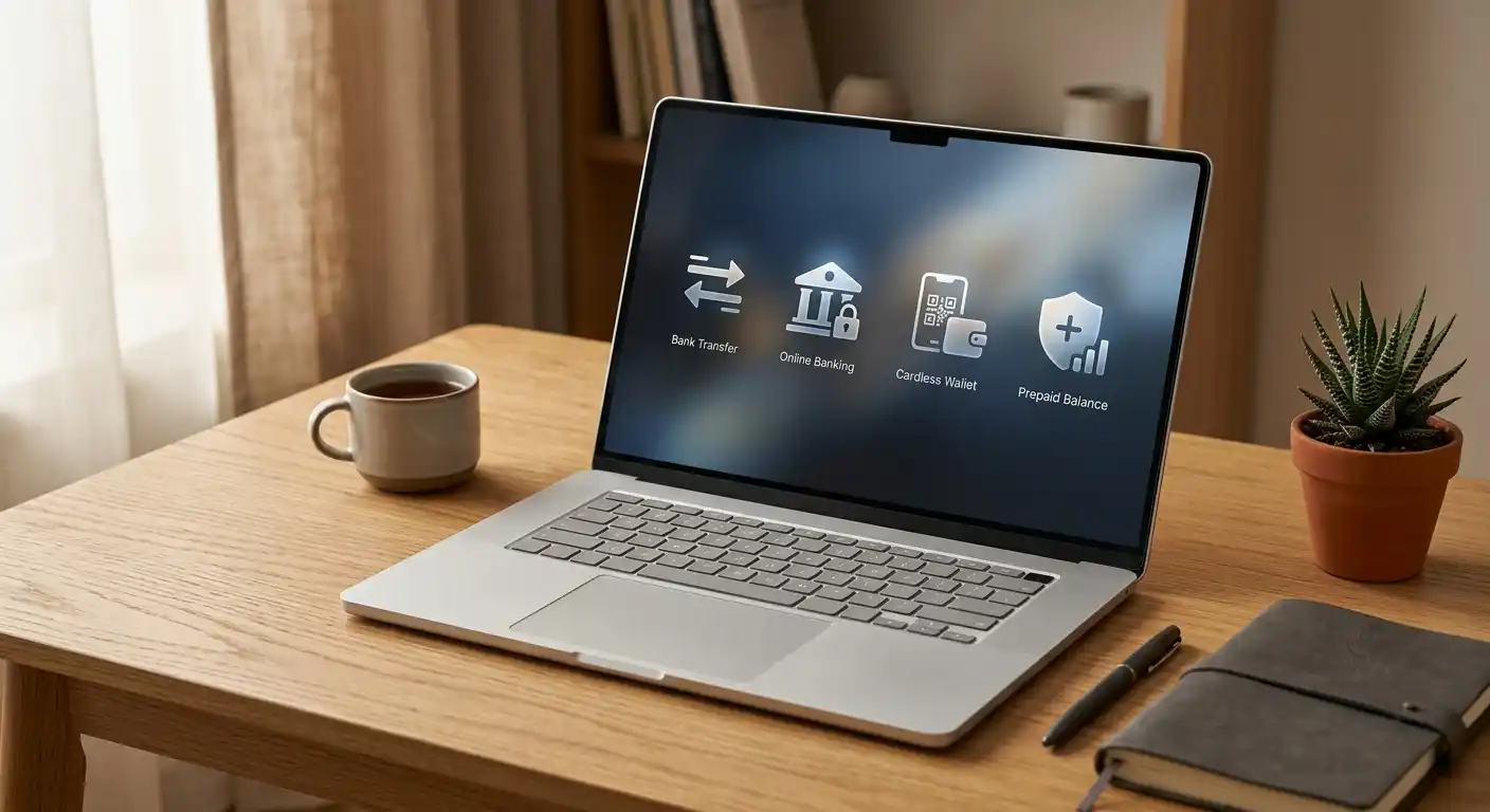 Neutrale Übersicht verschiedener digitaler Zahlungswege auf einem Laptop