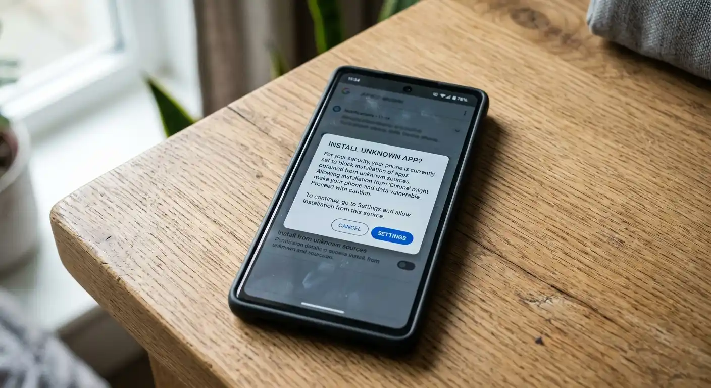 Android-Smartphone mit geöffnetem Dateimanager und APK-Installationswarnung