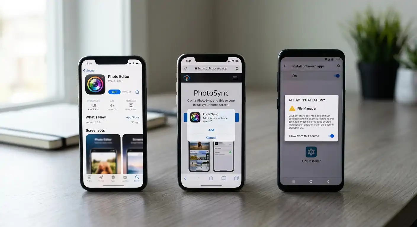 Drei Smartphone-Bildschirme zeigen Store-App, Web-App und APK-Installation nebeneinander