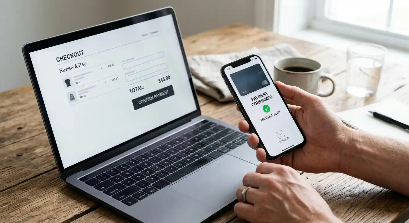 Smartphone mit neutraler Wallet-Ansicht neben einem Casino-Kassenbereich