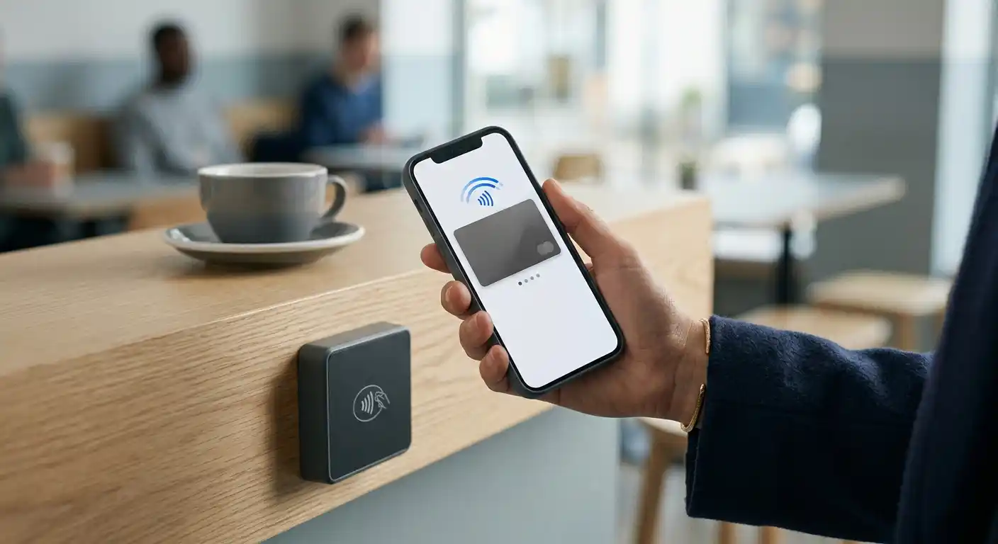 Smartphone an einem kontaktlosen Terminal mit neutraler Wallet-Ansicht