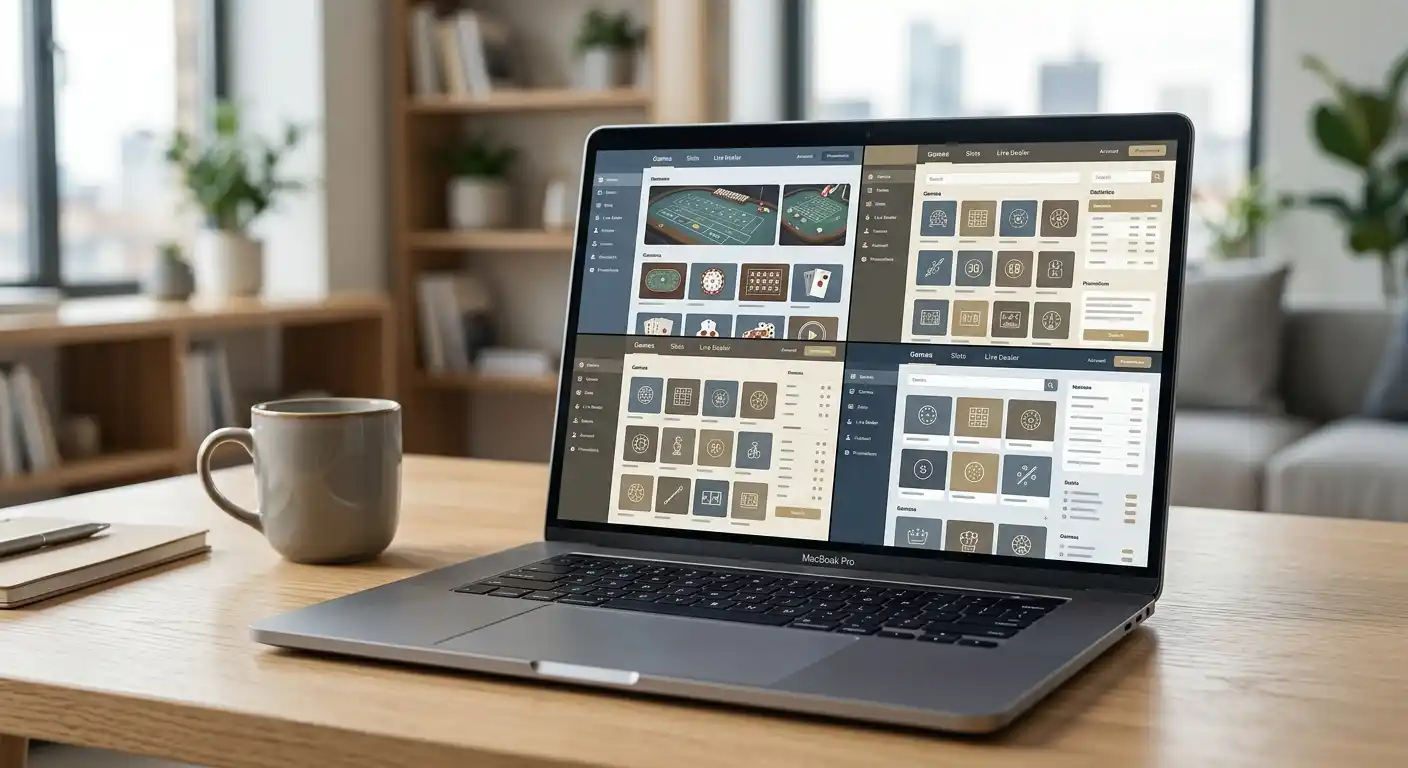 Laptop mit neutralen internationalen Casinooberflächen im sachlichen Vergleich