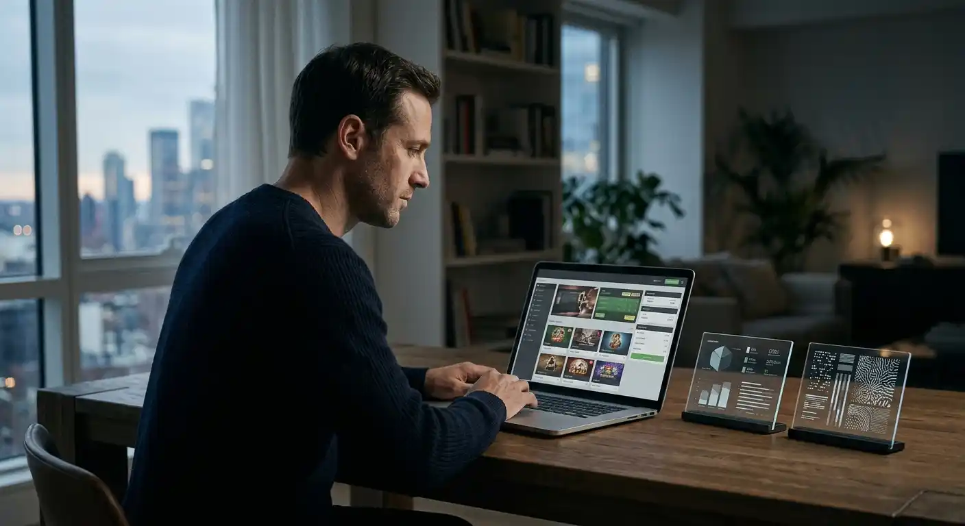 Laptop mit neutraler internationaler Casinooberfläche und getrennten Prüfsymbolen