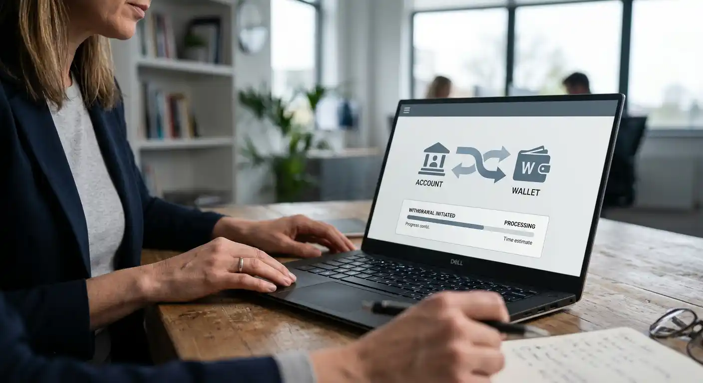 Neutrale Auszahlungskarte mit Pfeilen zwischen Konto und Wallet, ohne Logos