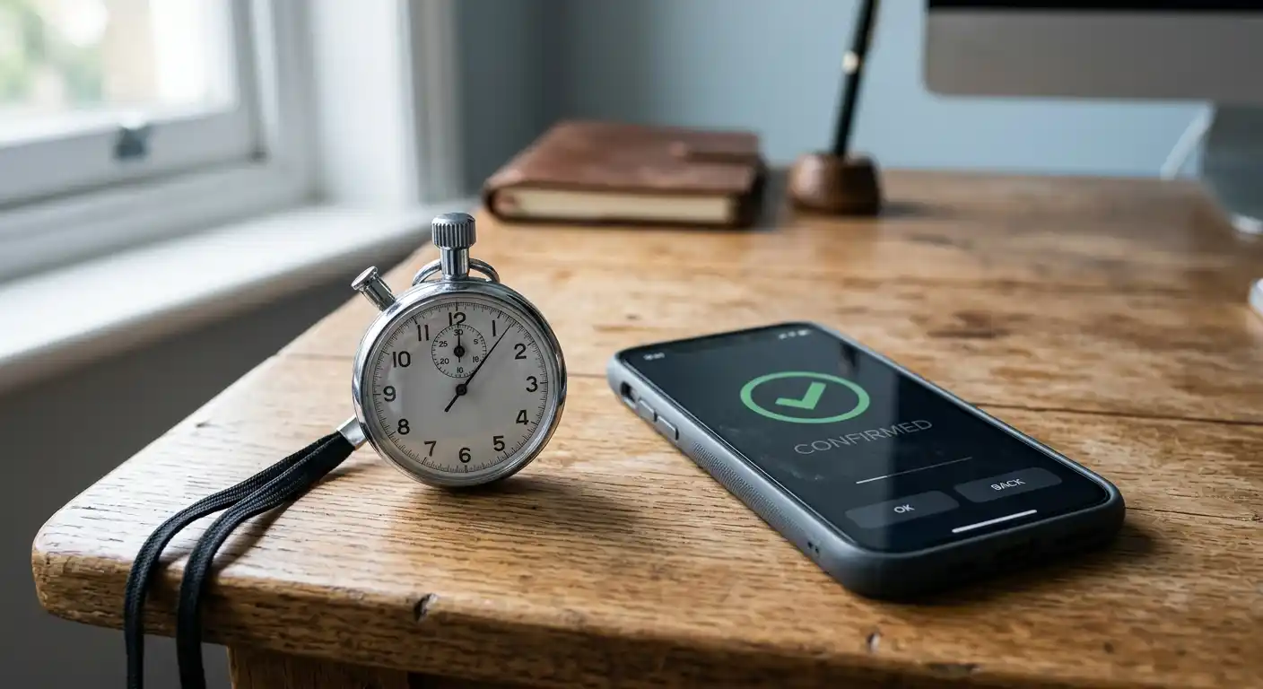 Stoppuhr neben einem aufgeklappten Smartphone, das eine Banking-Bestätigung anzeigt – Bild Auszahlungsdauer