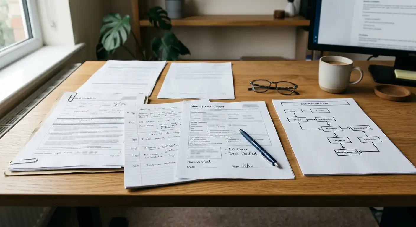 Neutraler Schreibtisch mit Beschwerdeunterlagen, KYC-Hinweisen und markiertem Eskalationsweg