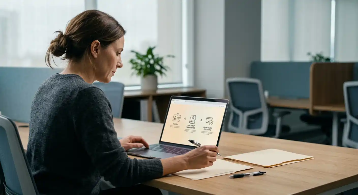 Person reviewing identity verification steps and withdrawal instructions on a laptop in a calm office