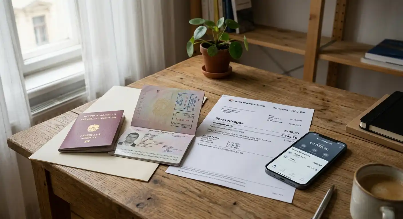 Schreibtisch mit aufgelegtem Reisepass, einem aktuellen Stromzähler-Auszug und einem Smartphone, das eine Banking-App zeigt, Tageslicht, neutrale Farben