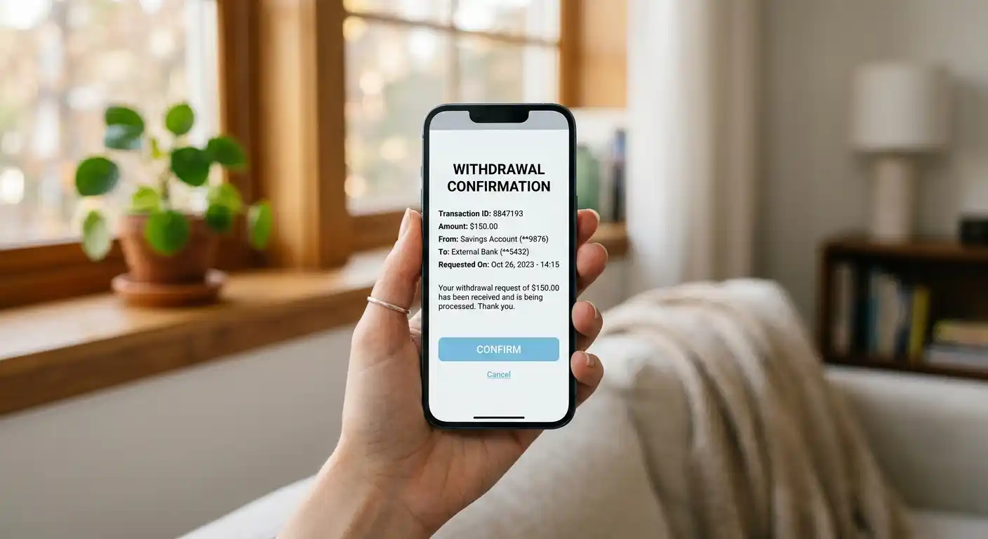 Nahaufnahme einer Auszahlungsmaske auf einem Smartphone mit Banküberweisung als Option