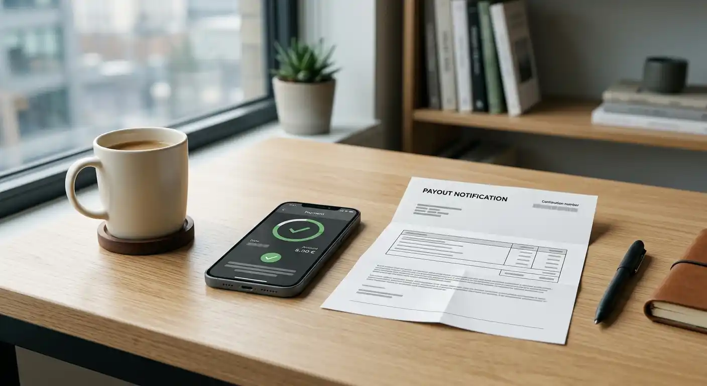 Schreibtisch mit neutralem Auszahlungsbeleg und Smartphone ohne Markenlogo