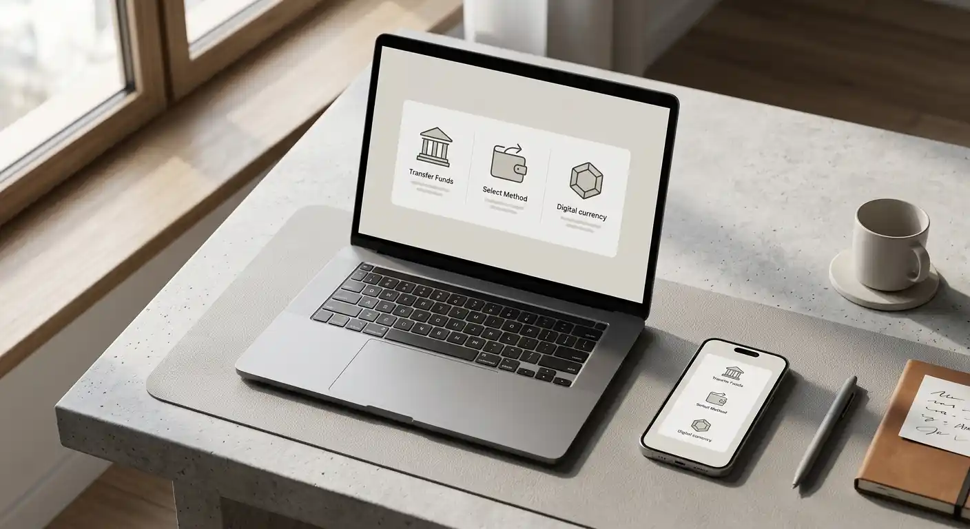 Laptop mit neutralen Symbolen für Banküberweisung, E-Wallet und digitale Zahlung