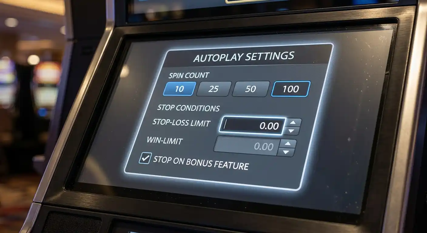 Autoplay-Einstellungsmenü eines Spielautomaten mit Spin-Anzahl und Limit-Optionen