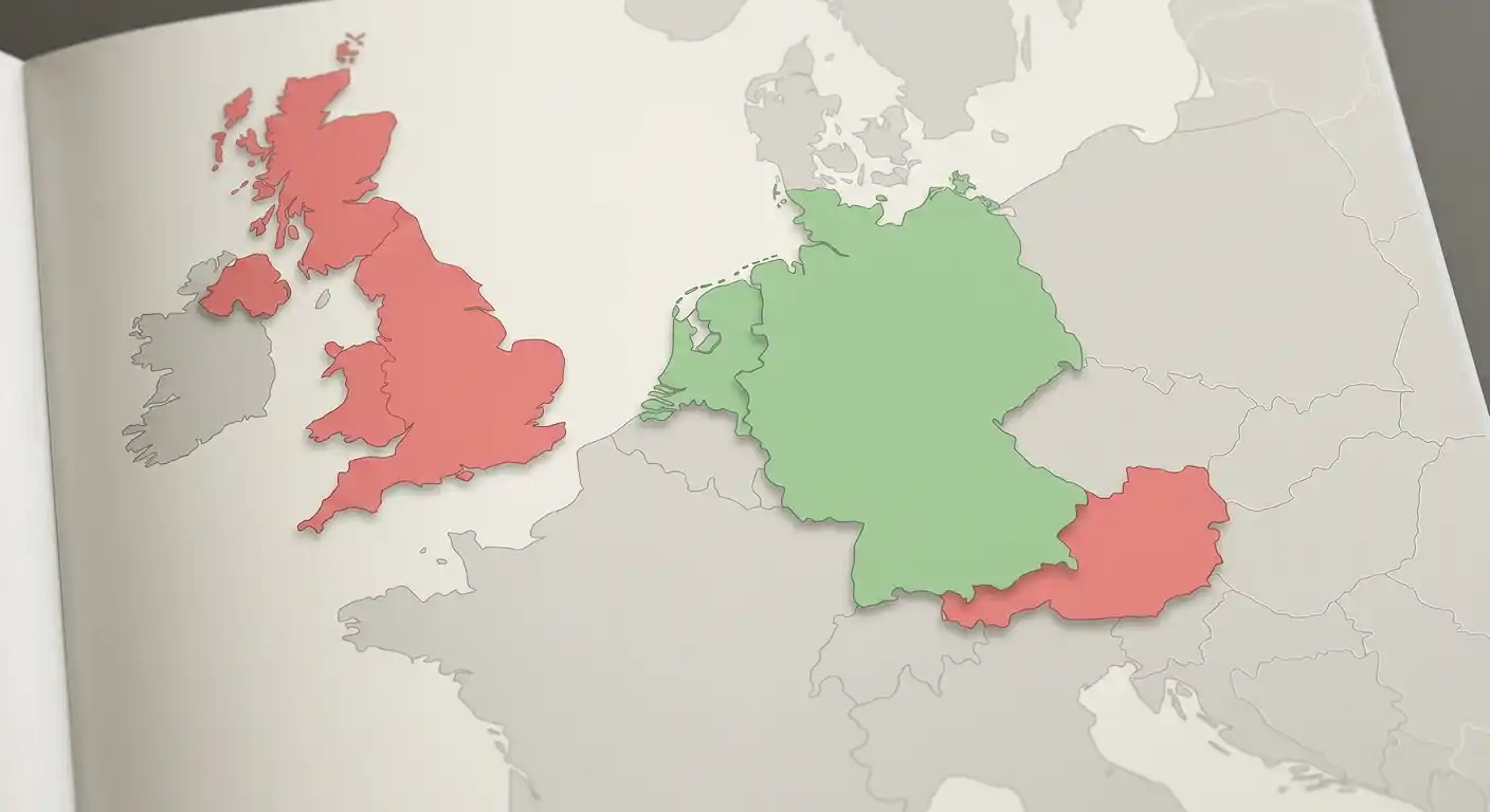 Europakarte mit markierten Ländern und unterschiedlichen Regulierungsstatus