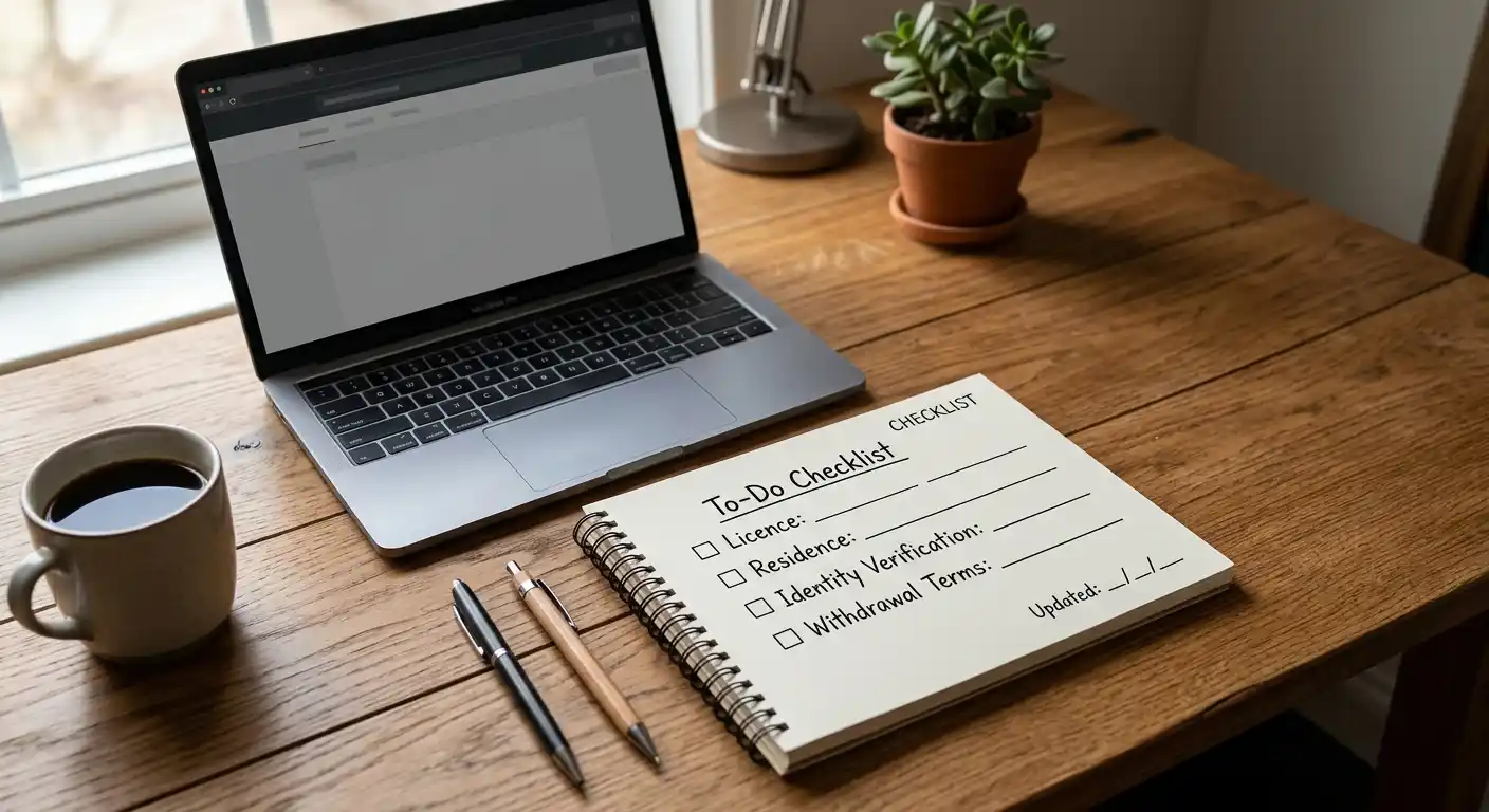 Ordentliche Checkliste mit Lizenz- und Auszahlungsfeldern auf einem Schreibtisch