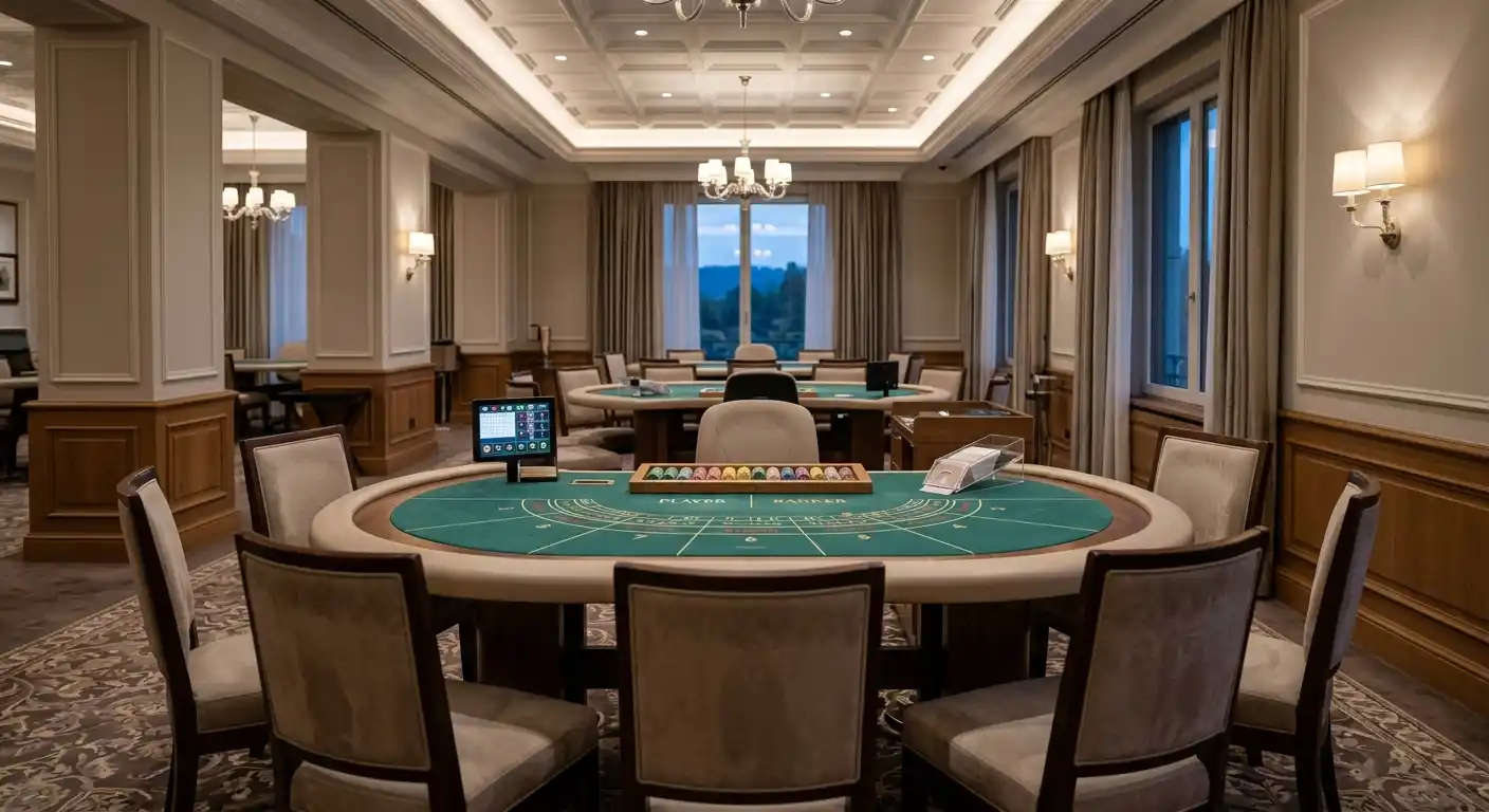 Österreichische Spielbank mit neutralem Baccarat-Tisch und ruhiger Saalatmosphäre