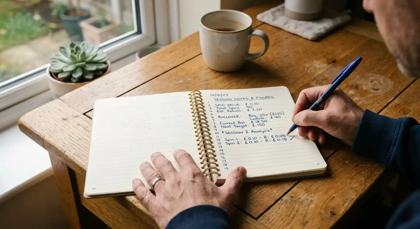 Notizbuch auf einem Schreibtisch mit handgeschriebenen Notizen zu Spin-Wert, Rollover und Auszahlungslimit, daneben ein Stift, kein Taschenrechner