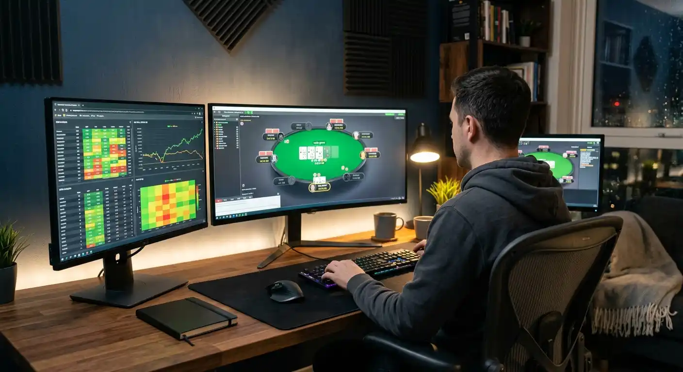 Person am Laptop mit Poker-Software und Statistiken auf mehreren Bildschirmen