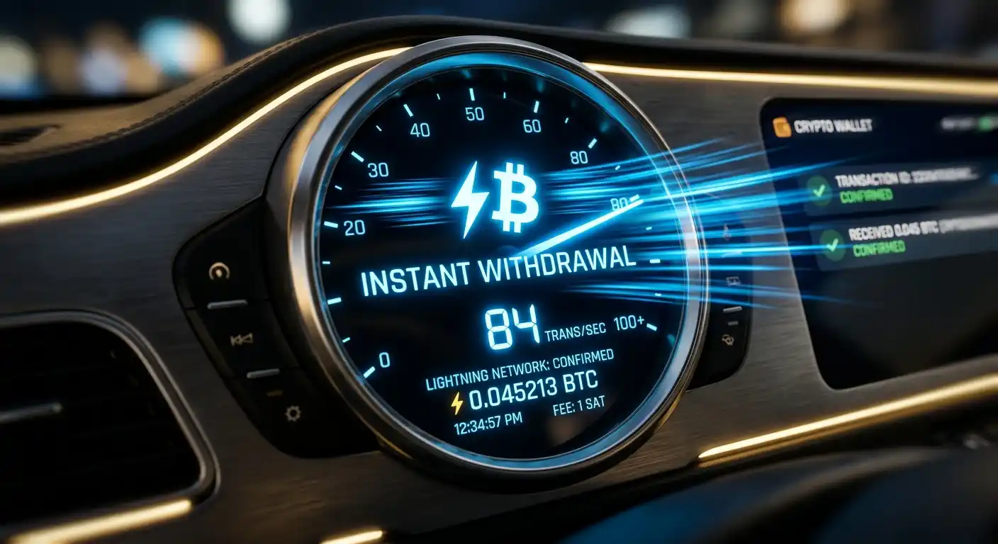 Digitaler Geschwindigkeitsmesser mit Bitcoin Lightning Network Symbol und Transaktionsbenachrichtigungen