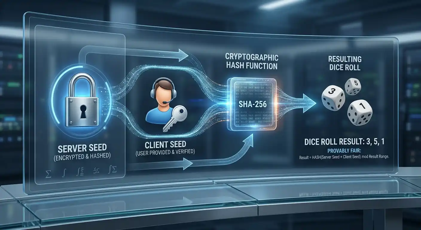 Technisches Diagramm: Provably-Fair-Mechanismus mit Server-Seed, Client-Seed und Würfelergebnis