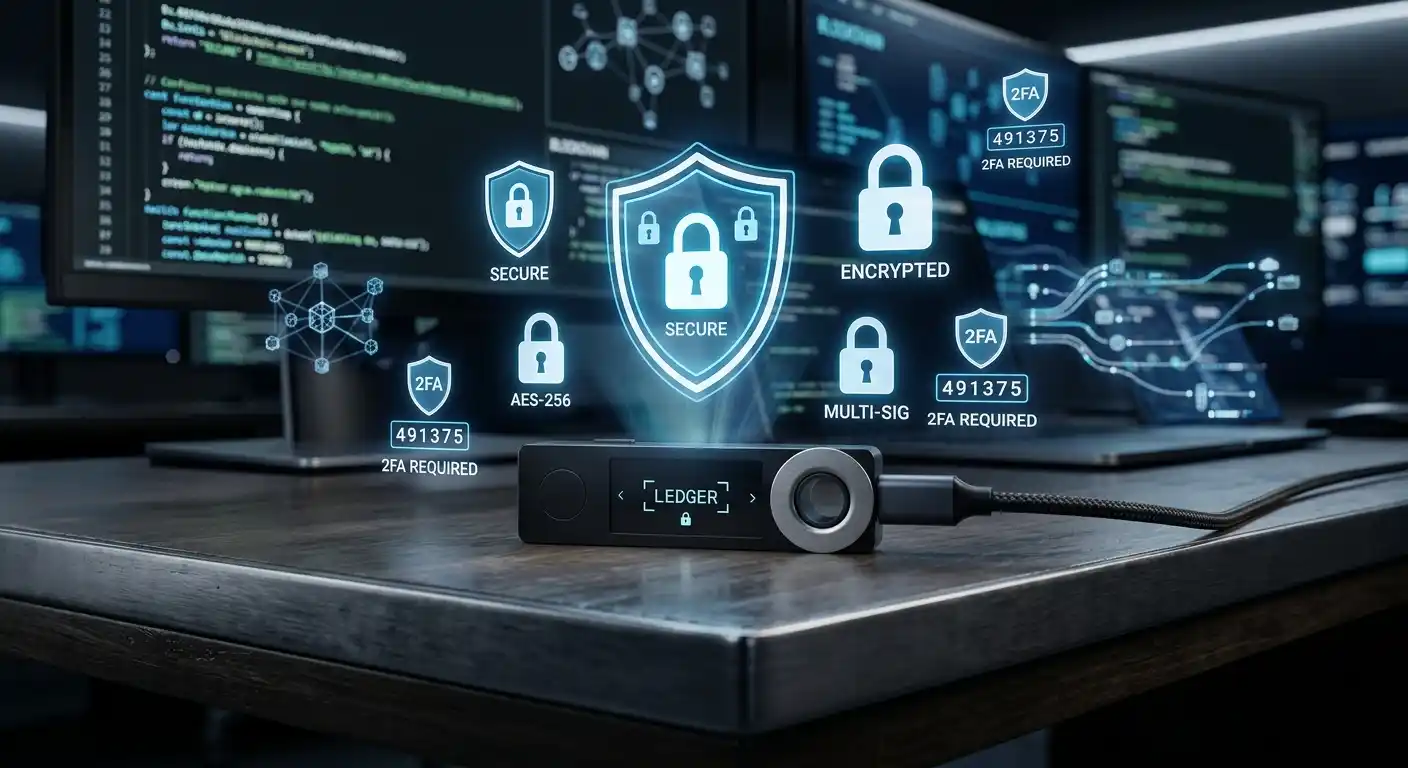 Hardware-Wallet umgeben von holografischen Sicherheitssymbolen, Zwei-Faktor-Authentifizierung und verschlüsselten Schloss-Grafiken