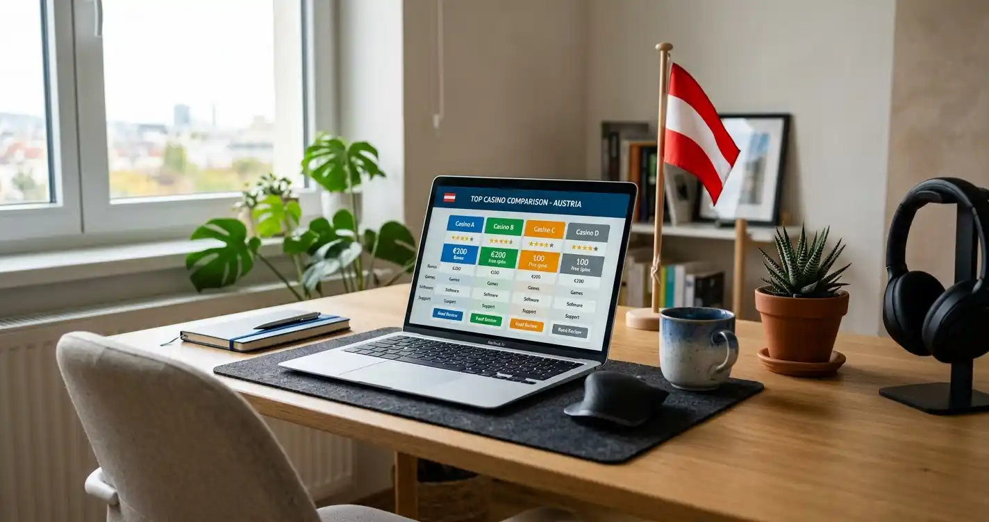 Moderne Laptop-Ansicht mit Casino-Vergleich für österreichische Spieler