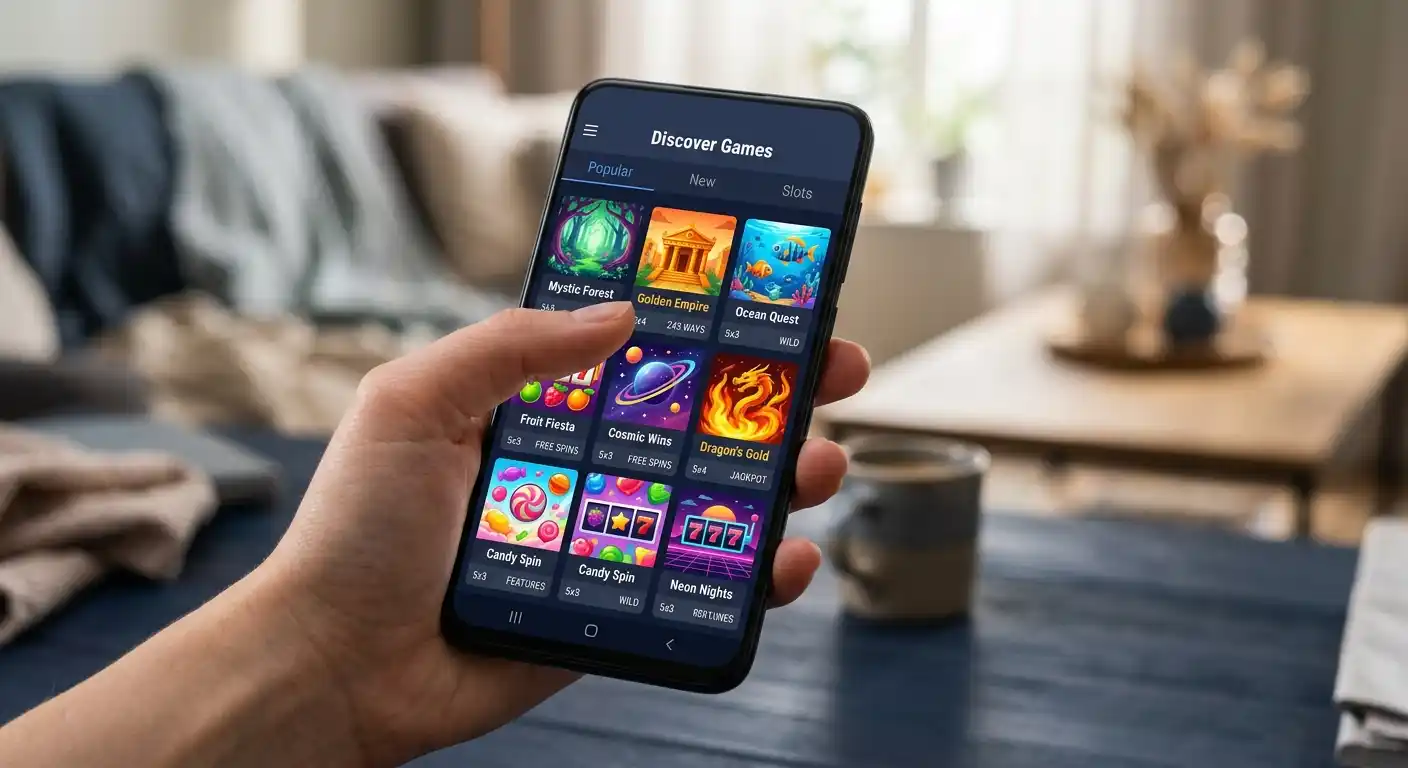 Smartphone zeigt Slot-Auswahl mit verschiedenen Bonus-Buy-Titeln