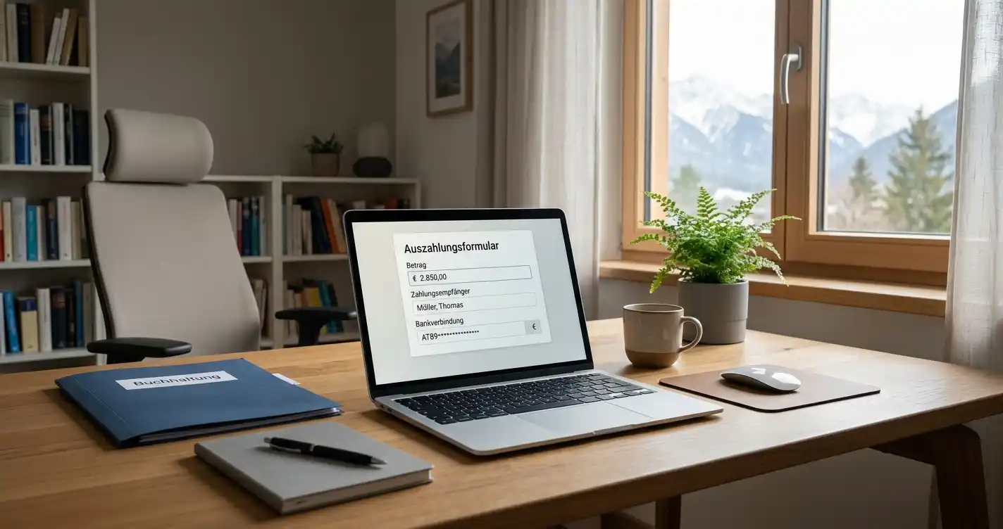 Schreibtisch mit Laptop und neutralem Auszahlungsformular für ein Online-Casino