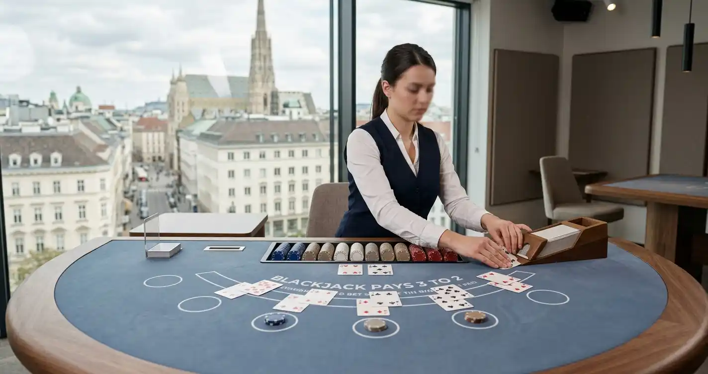 Live-Blackjack-Tisch mit neutralem Croupier-Studio und österreichischer Marktübersicht