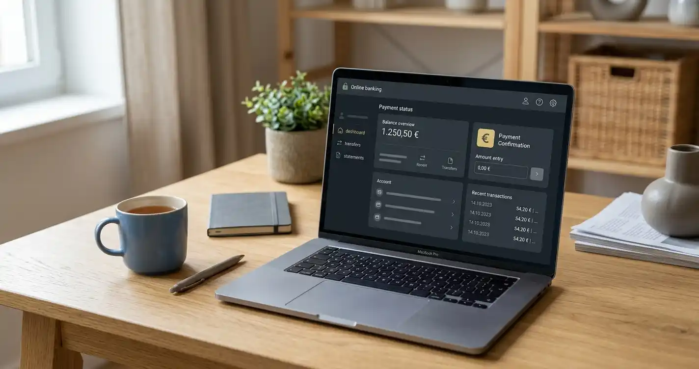 Laptop mit neutraler Online-Banking-Ansicht und österreichischem Einzahlungshinweis