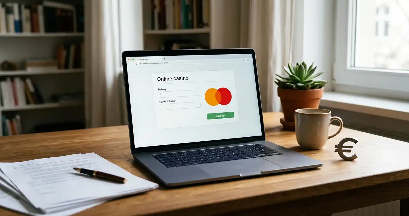 Neutrales österreichisches Casino-Zahlungssetting mit Mastercard-Symbol und Laptop