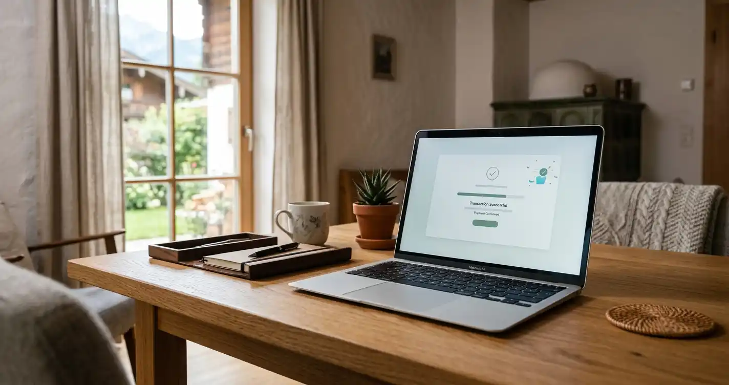 Sofort-Einzahlung im österreichischen Online-Casino auf einem neutralen Laptop-Arbeitsplatz