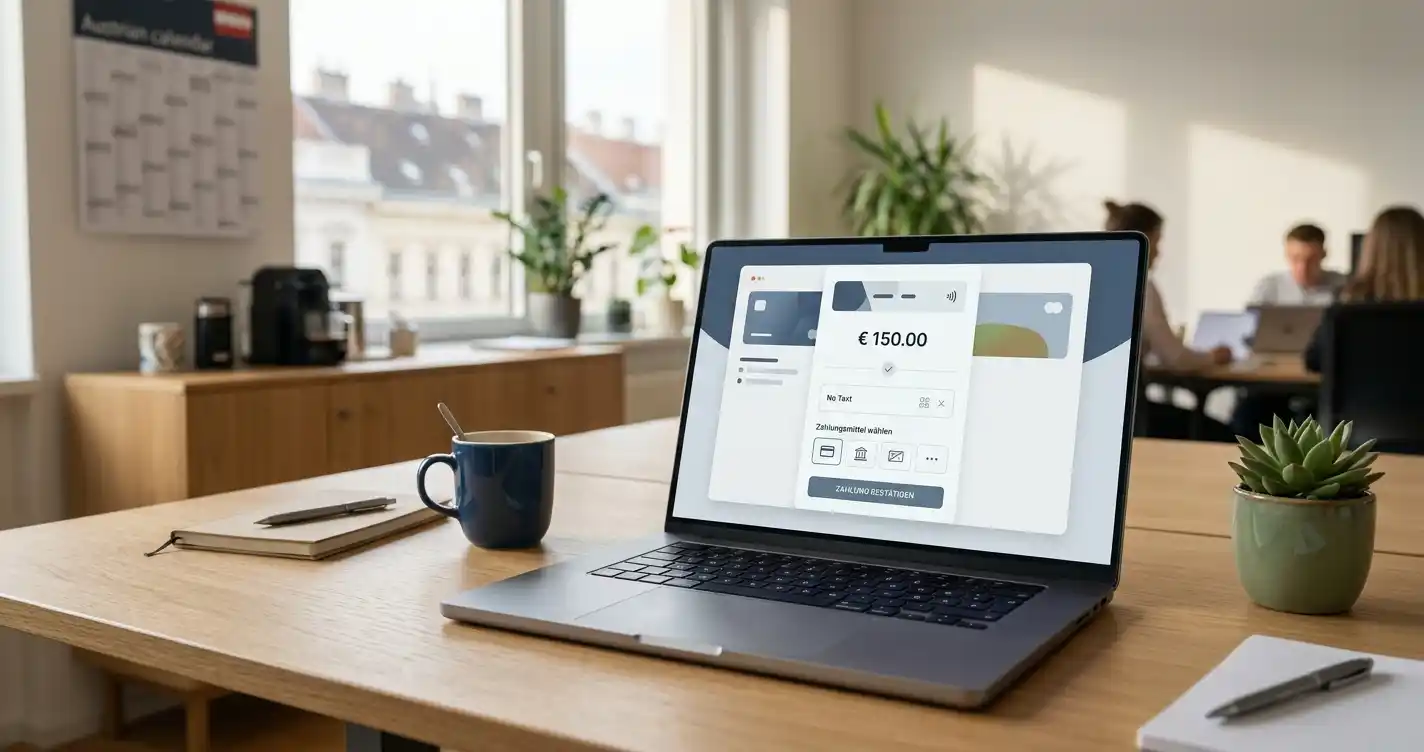 Neteller-Zahlung im österreichischen Online-Casino auf einem neutralen Laptop-Arbeitsplatz