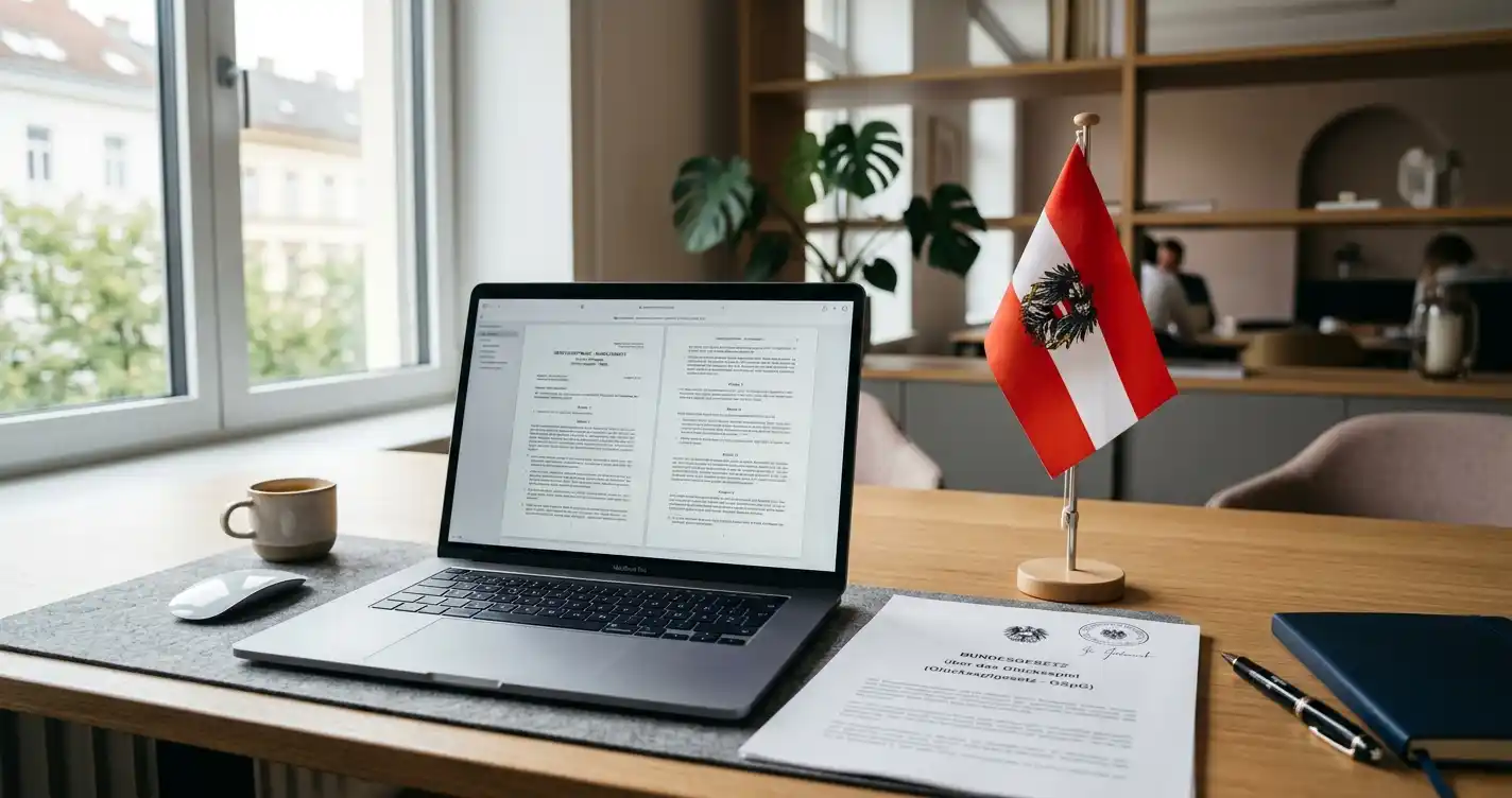 Moderner Schreibtisch mit Laptop, offenem Glücksspielgesetz-Dokument und österreichischer Flagge im Hintergrund