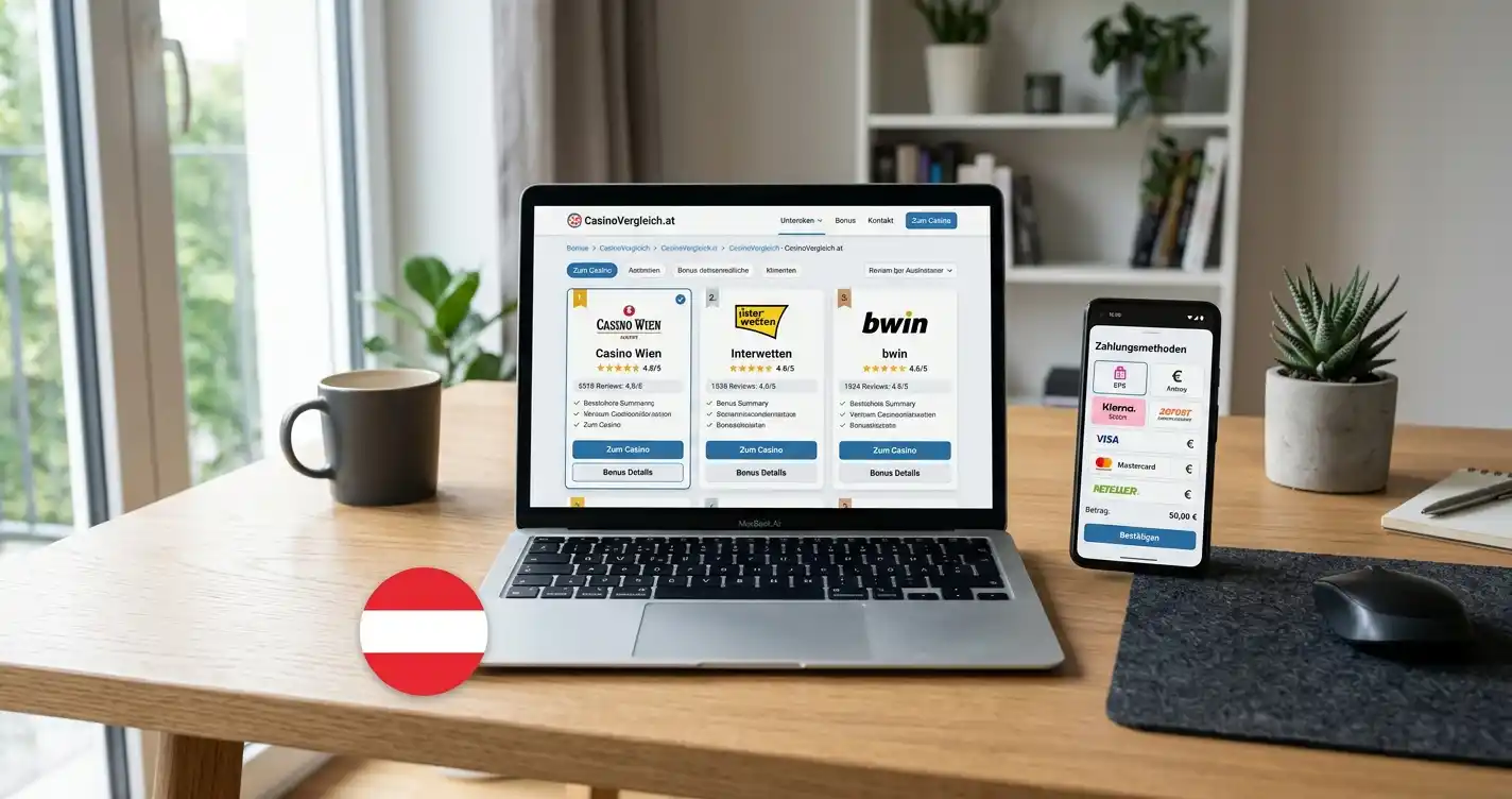 Online-Casino-Plattform auf Laptop mit österreichischer Flagge und niedrigen Einzahlungsoptionen