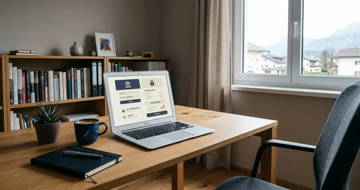 Laptop mit neutralem Bank-Login und Casino-Zahlungsbereich in Österreich