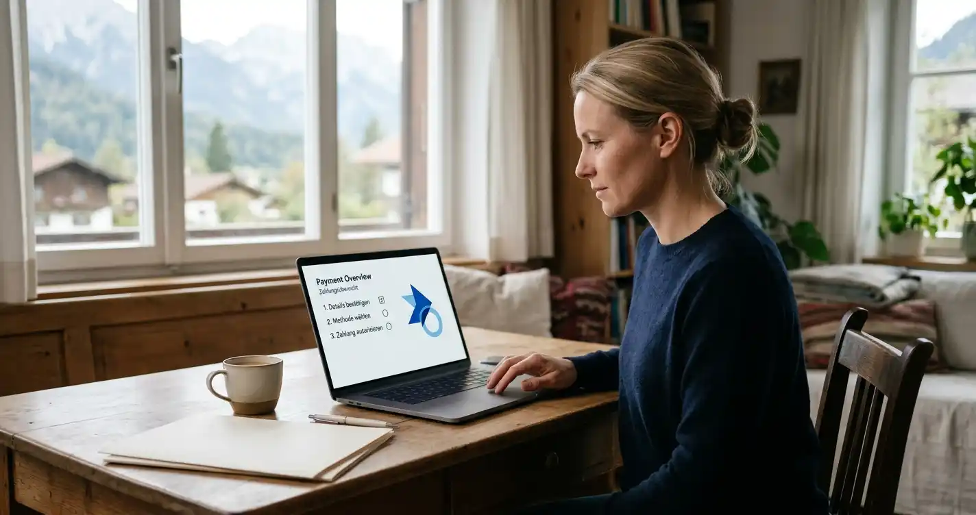 Österreichischer Spieler prüft PostFinance-Zahlung am Laptop