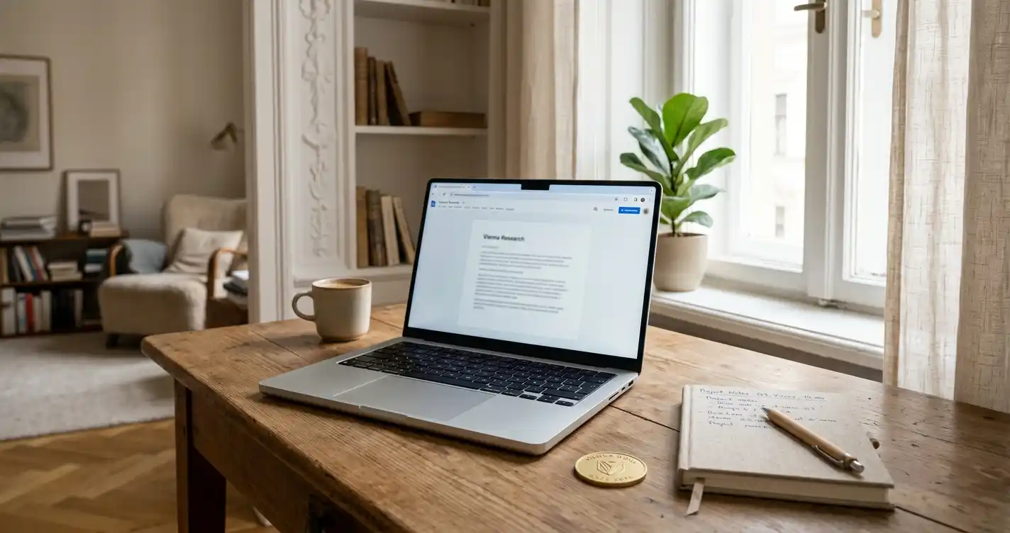 No-Deposit-Bonus Österreich: Laptop mit Notizbuch und goldenem Token auf Wiener Schreibtisch